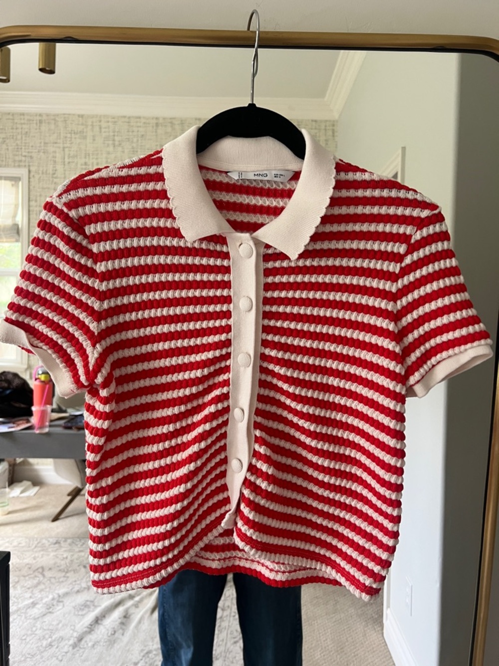 Mango Red and White Striped Knit Polo Top